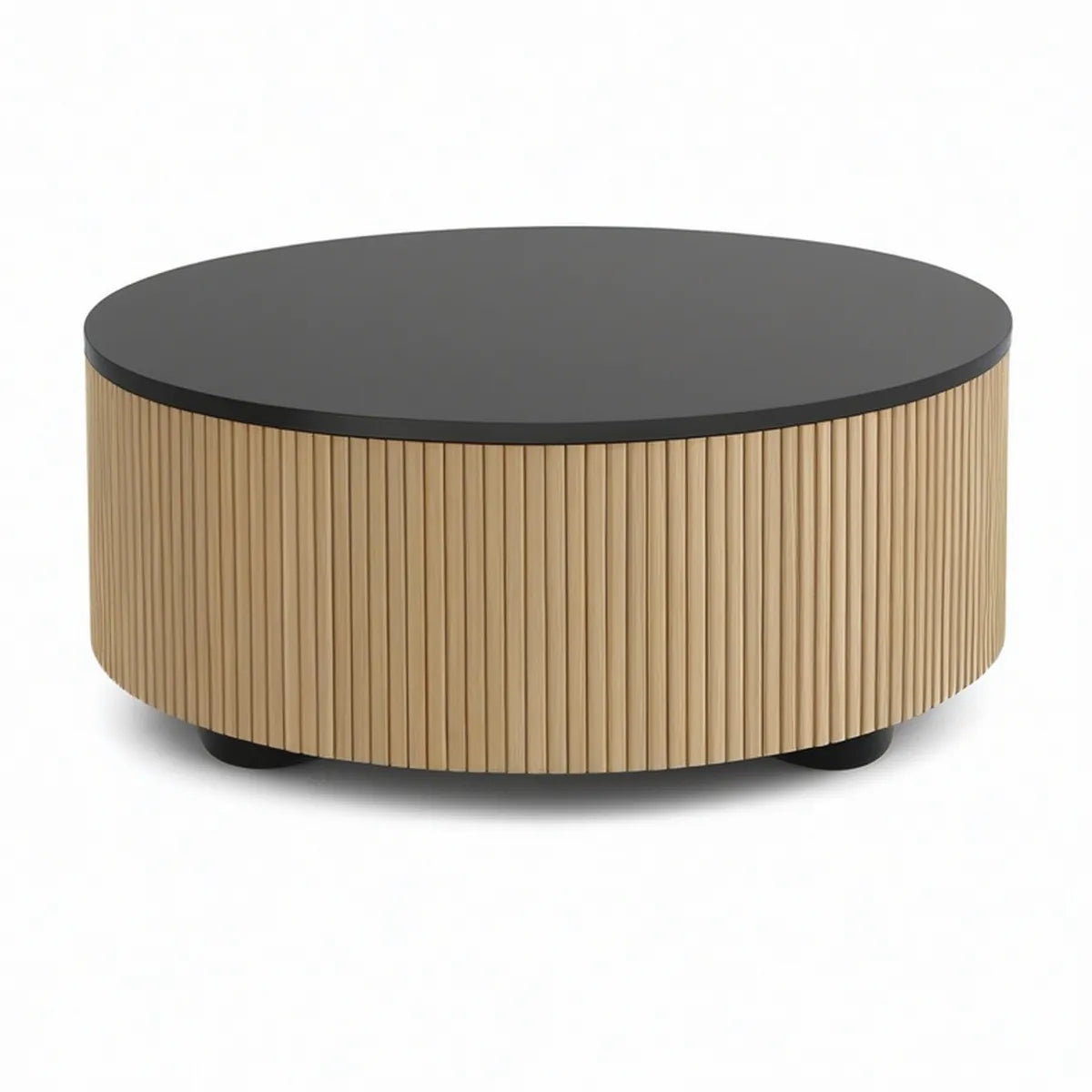 Round Coffee Table, 31.5 in Diameter x 15.7 in High, Fluted MDF Base, Black Top and Natural Oak Finish