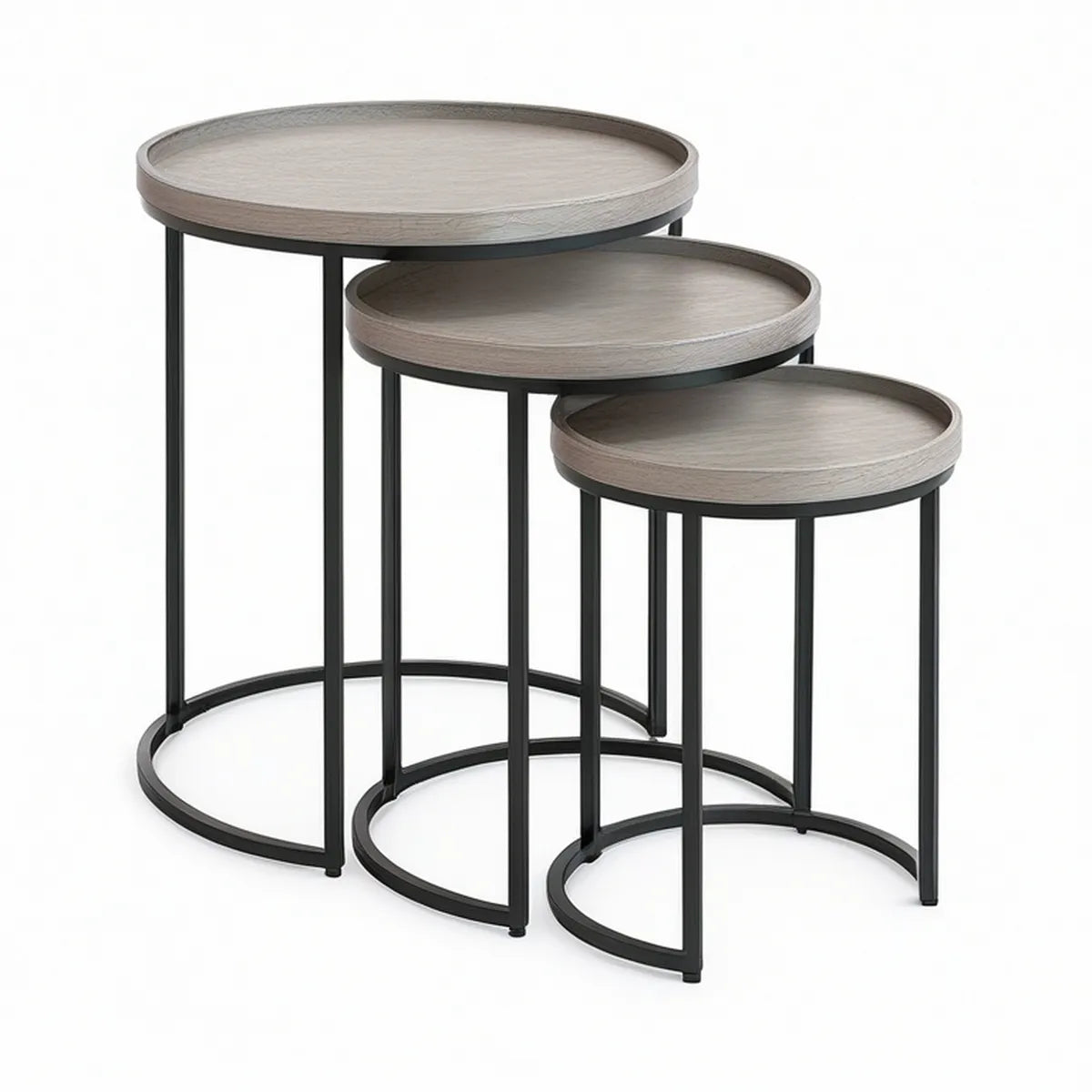 3-Piece Round Nesting Table Set, Gray Wood-Grain MDF Tops, Black Steel Frames, 60 x 60 cm, 50 x 50 cm, and 40 x 40 cm