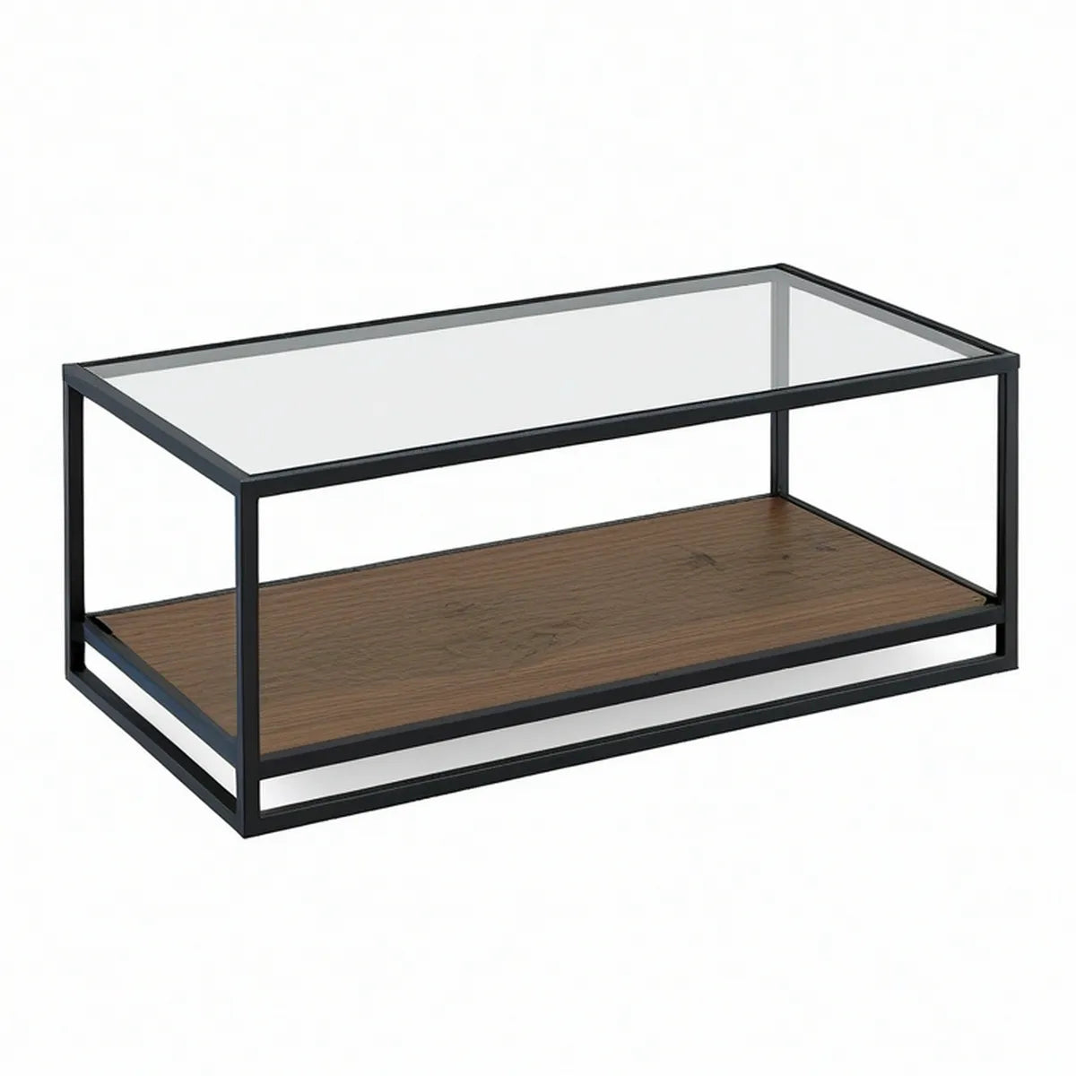 42 x 22 x 18 Inch Rectangular Glass Coffee Table with Brown Wood-Grain Shelf and Black Steel Frame