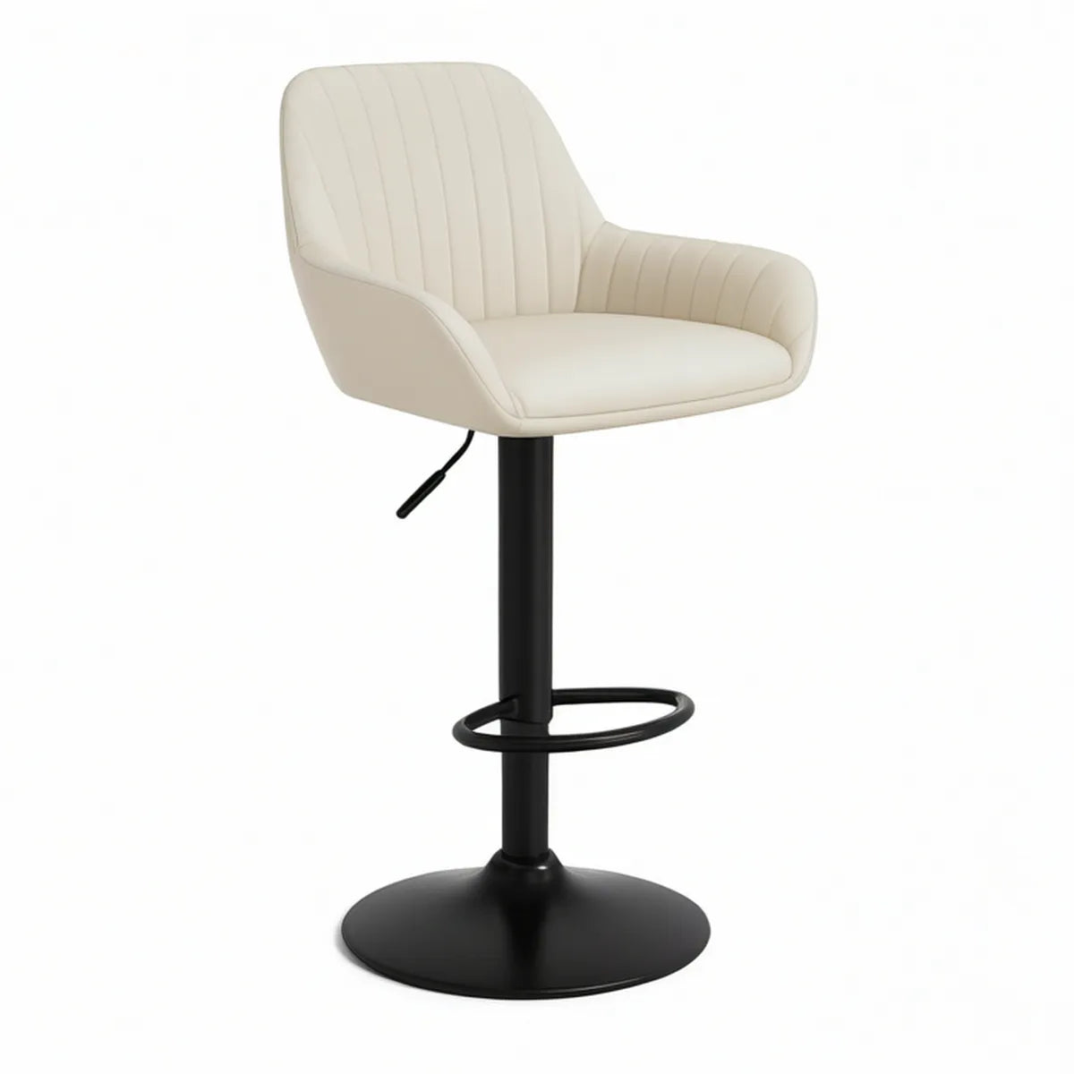 Adjustable Cream PU Leather Bar Stool with Arms, Black Steel Base, 20.5 x 20 x 37.5-45.5 in