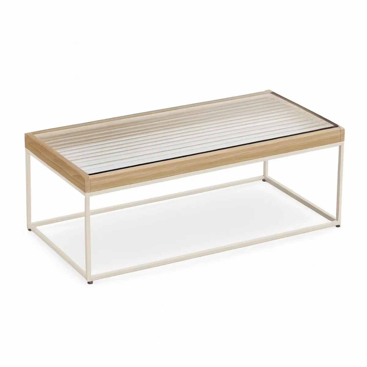 Rectangular Coffee Table, Natural Oak Veneer Frame with Fluted Tempered Glass Top and White Steel Base, 47.2 x 23.6 x 17.7 in