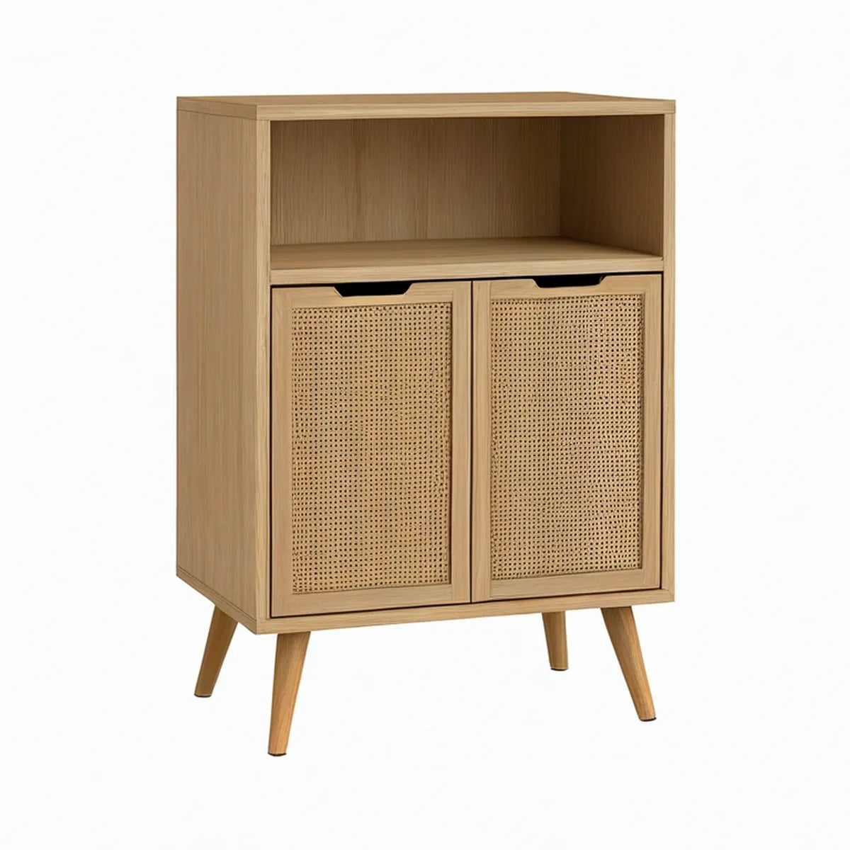 Natural Oak Storage Cabinet with Open Shelf and 2 Rattan Doors, 23.6 x 15.7 x 35.4 in
