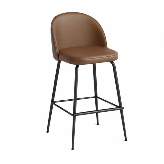 Counter-Height Bar Stool with Curved Brown PU Upholstered Back, Black Steel Frame, 41 x 48 x 95 cm