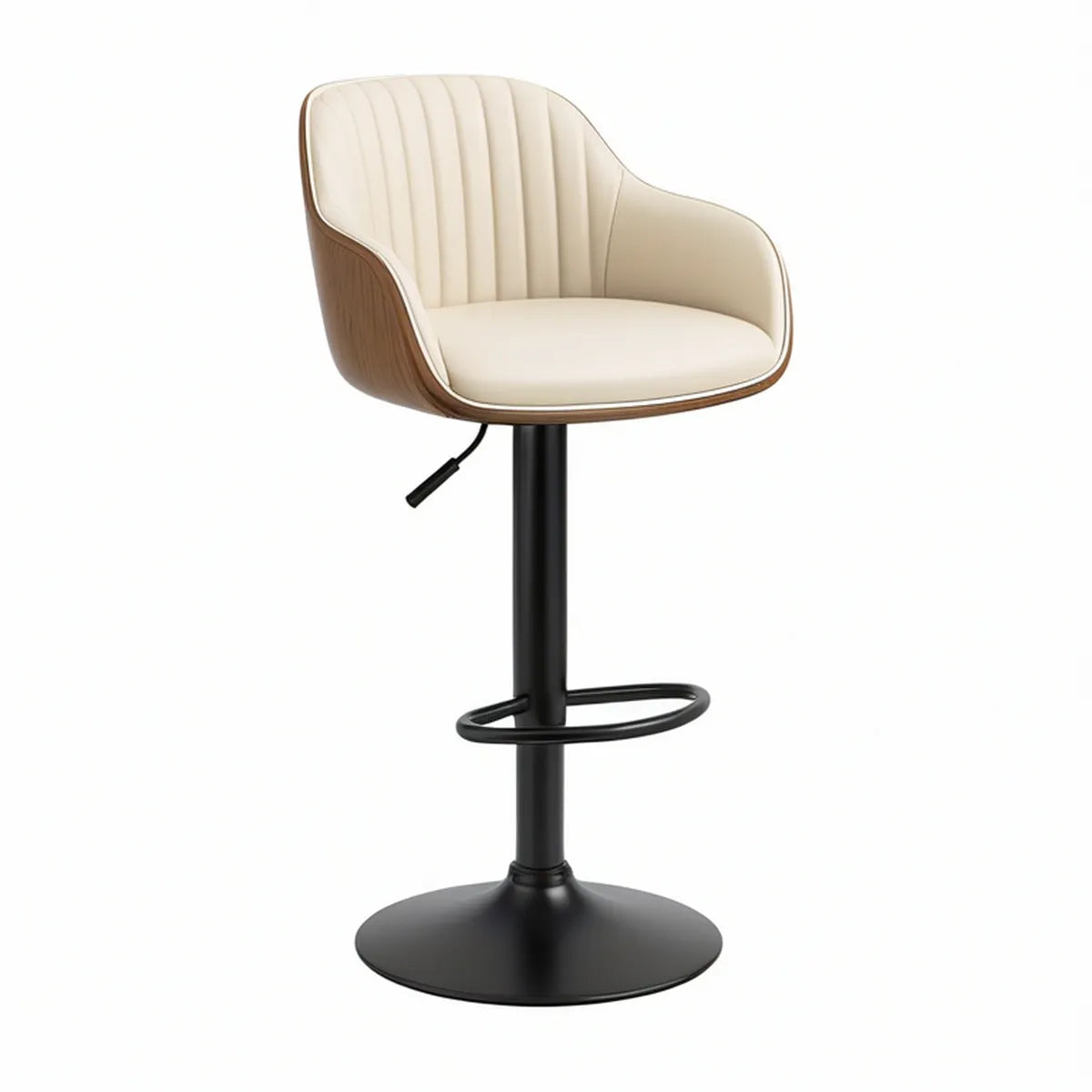 Adjustable Swivel Bar Stool, 55 x 53 x 94-116 cm, Cream PU Upholstery, Walnut Veneer and Black Steel Base