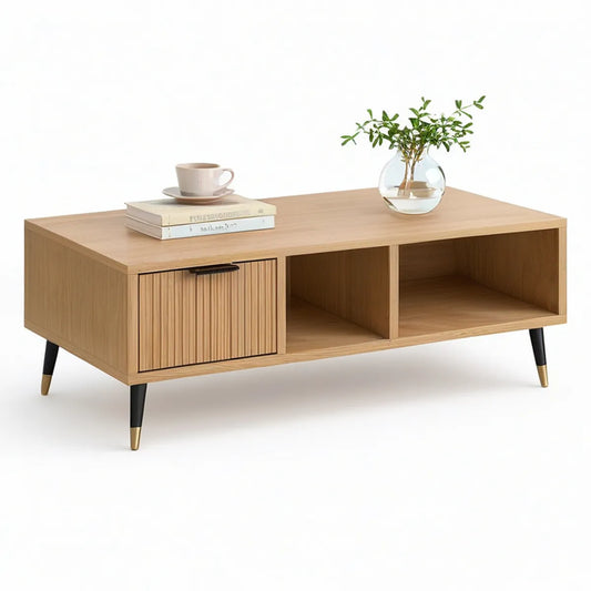 Mid-Century Modern Storage Coffee Table, Natural Oak/Black/Brass, 47.2 x 23.6 x 17.7 in