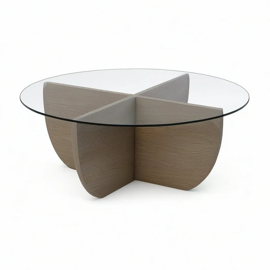 Round Glass Coffee Table, 35.4 in. Diameter x 15.7 in. High, Clear Tempered Glass and Brown Oak Veneer Base