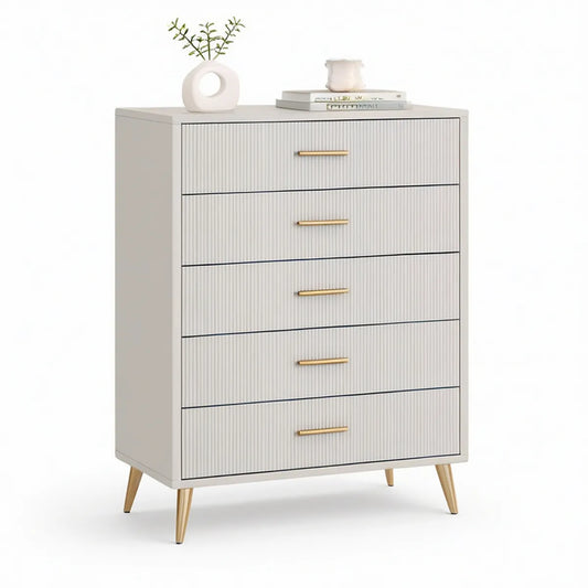 White and Gold 5-Drawer Tall Chest, 31.5 x 15.7 x 47.2 in