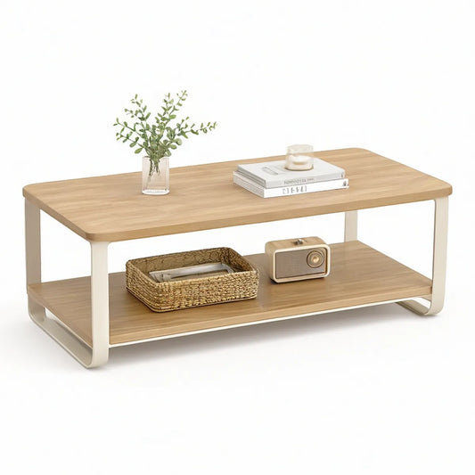 Rectangular Coffee Table with Open Storage Shelf, 39.37 x 19.69 x 17.72 in, Light Oak/Cream