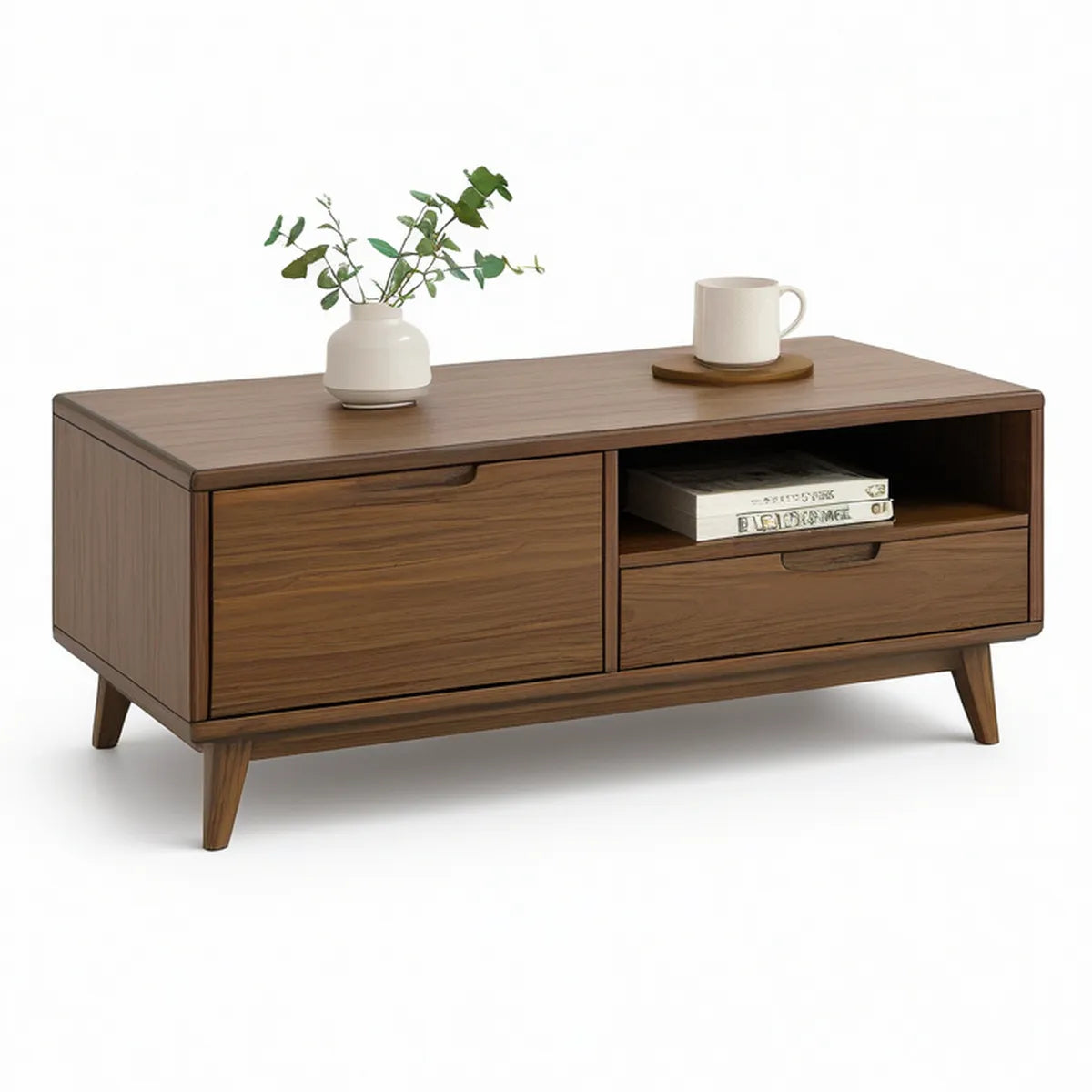 Walnut Brown Engineered Wood Coffee Table with 2 Drawers and Open Shelf, 47.2 x 23.6 x 17.7 in