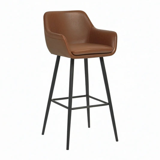 30 in Seat Height Brown PU Leather Upholstered Bar Stool with Black Steel Frame, 22 x 22 x 42 in