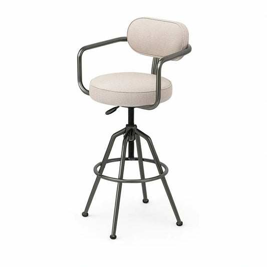 Adjustable Counter-Height Bar Stool with Armrests and Backrest, Beige Polyester Upholstery, Black Steel Frame, 20 x 20 x 37-45 in