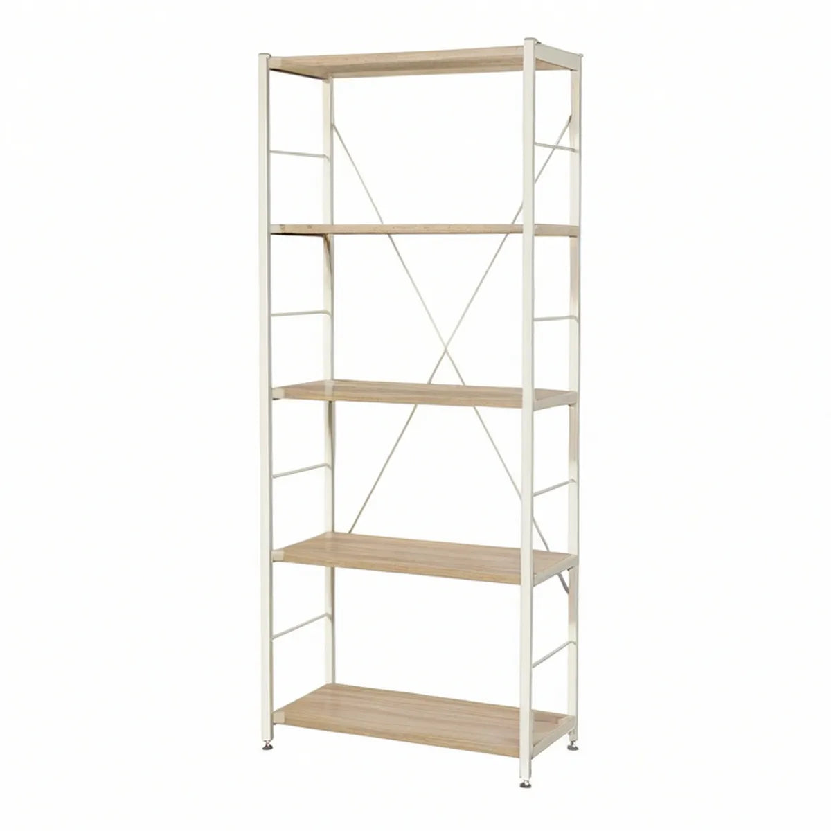 5-Tier Freestanding Storage Shelf, Natural Wood Grain MDF Shelves with White Steel Frame, 24 x 14 x 72 in
