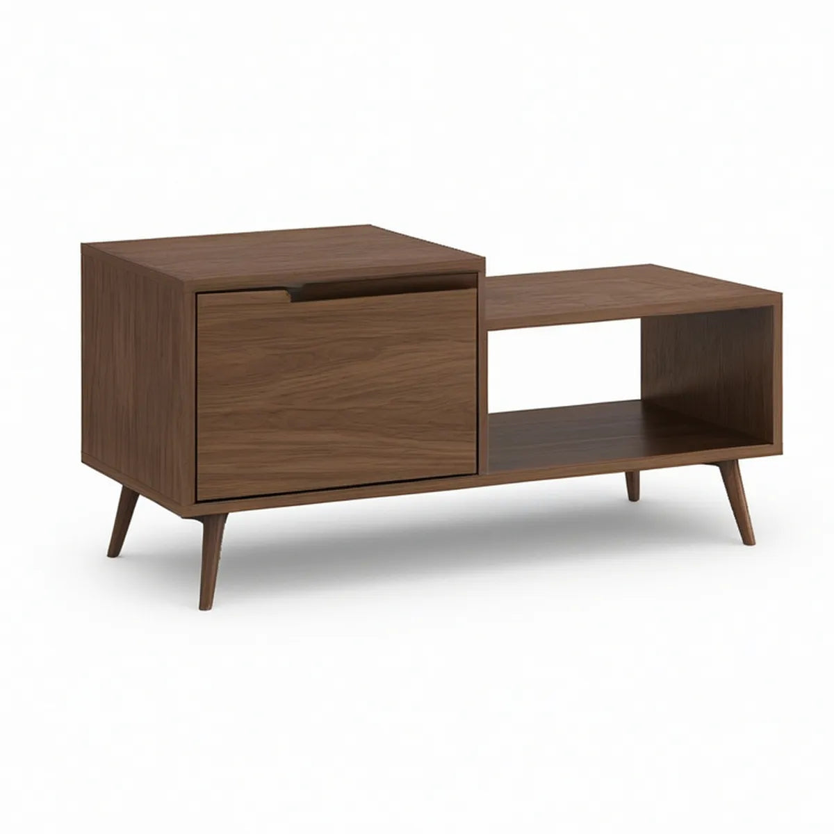 Mid-Century Modern Walnut Brown Coffee Table with Drawer and Open Shelf, 47.2 x 19.7 x 17.7 in