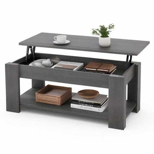 Gray and Black Lift-Top Table with Hidden Storage and Open Shelf, 39.4 x 19.7 x 17.7 in