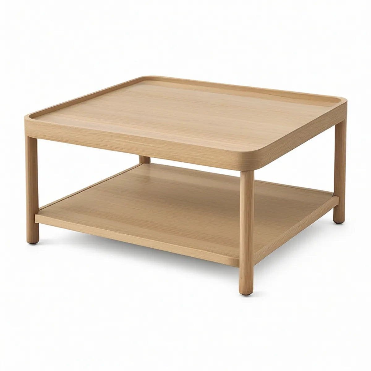 Natural Oak Rectangular Coffee Table with Raised Tray Top and Lower Storage Shelf, 35.4 x 23.6 x 17.7 in